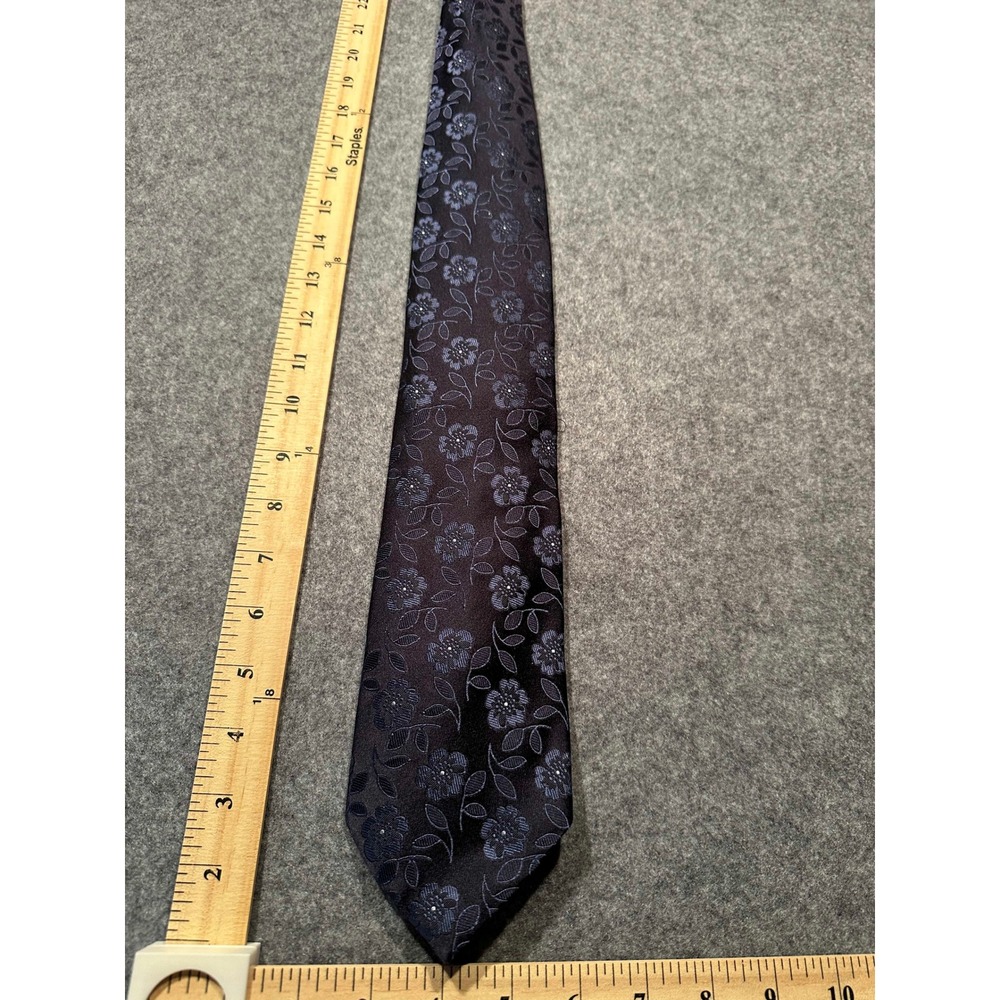 Faconnable Mens Silk Tie Navy Blue Floral Woven Pattern Made in France Classic